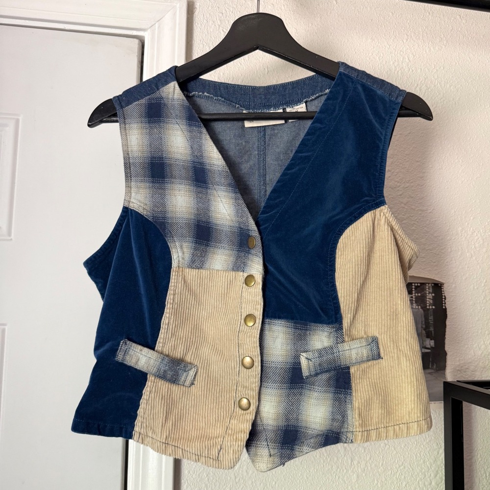 VINTAGE blue cream patchwork plaid cotton denim jean cropped vest top